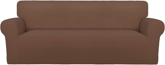 PureFit Stretch Oversized Couch Covers Fleece Sofa Slipcovers Brown | 1-Piece Sofa Cover Washable Soft Couch Protector, Couch Slipcover with Non Skid Foam and Elastic Bottom for Kids, Dogs