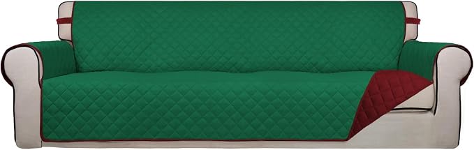 PureFit Reversible Quilted Couch Covers for Dogs Sofa Cover 4 Seater 88" | Green/Red, Water Resistant Couch Protector, Washable Pet Couch Cover with Non Slip and Elastic Straps For Kids