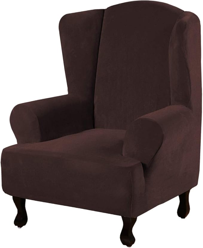 H.VERSAILTEX Wingback Chair Covers Velvet Plush Wing Chair Slipcover 1 Piece High Stretch Wing Back Chair Slipcovers Sofa Cover Furniture Cover with Elastic Bottom, Brown