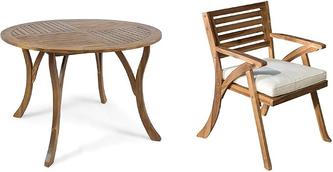 Christopher Knight Home 47" Round Acacia Wood Dining Table and 2-Piece Outdoor Acacia Wood Arm Chairs