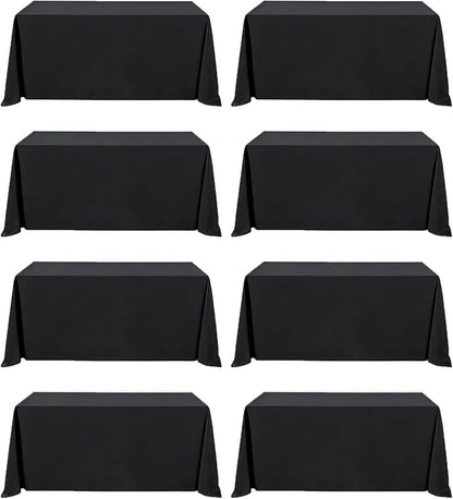 8 Pack Black Tablecloths 90 x 132 Inch Rectangle For 6 Foot Tables | Wrinkle Resistant, Washable Polyester Fabric, Rectangular Table Cloth for Wedding Party Banquet Buffet and Camping