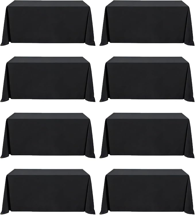 8 Pack Black Tablecloths 90 x 156 Inch Rectangle For 8 Foot Tables | Wrinkle Resistant, Washable Polyester Fabric, Rectangular Table Cloth for Wedding Party Banquet Buffet and Camping