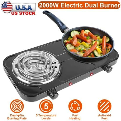 2000W Electric Double Burner, Portable Coil Heating Hot Plate Stove, Countertop Cooker with 5 Temperature Adjustments & Non Slip Rubber Feet for RV Kitchen (black)