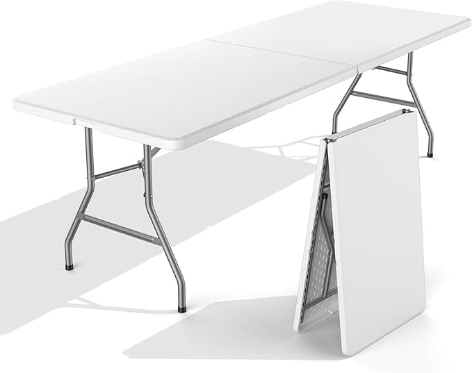 Sweetcrispy 8 FT Folding Picnic Table Easy to Fold and Store, Foldable Table for Camping Picnic Dining Party Kitchen Outdoor Indoor with Carrying Handle