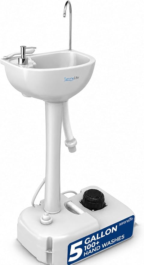 SereneLife Portable Hand Washing Station, 100+ Hand Washes, Hands-Free Foot Pump, Soap Dispenser, and Drain Hose, Ideal for Outdoor Events, Camping, Boating and Worksites