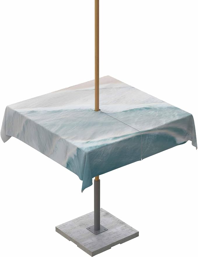 Summer Beach Outdoor Tablecloth - 54x54 Inch Square Dining Table Cover, Coastal Ocean Nautical Seaside Aqua Beige Waterproof Outdoor Table Cloth with Umbrella Hole & Zipper for Picnic/Patio/Party