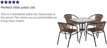 Flash Furniture Lila 28'' Square Glass Metal Table with Dark Brown Rattan Edging and 4 Dark Brown Rattan Stack Chairs
