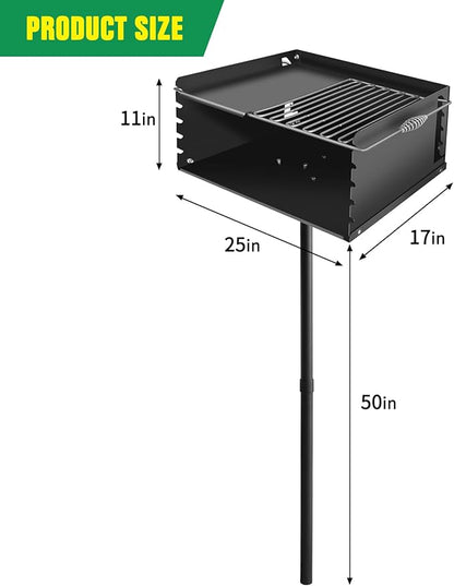 Park Style Charcoal Grill Heavy Duty, Outdoor BBQ Grill with Grate, Park Grill for Backyard, Camping, Commercial Use, Small Charcoal Grills for Outdoor Park (25'' L x 17'' W x 11'' H)