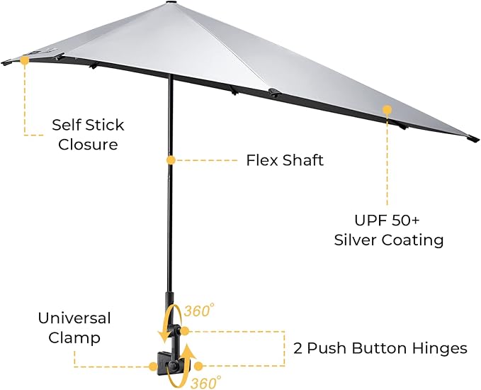 G4Free Beach Chair Umbrella with Universal Clamp UPF 50+ Golf Cart Umbrella | 46"x44" Large Canopy Sun Umbrella UV Protection, Adjustable Clamp for Beach Chair/Wheelchair/Stroller, 360° Flex Shaft, 7 Rib