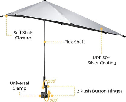 G4Free Beach Chair Umbrella with Universal Clamp UPF 50+ Golf Cart Umbrella | 46"x44" Large Canopy Sun Umbrella UV Protection, Adjustable Clamp for Beach Chair/Wheelchair/Stroller, 360° Flex Shaft, 7 Rib