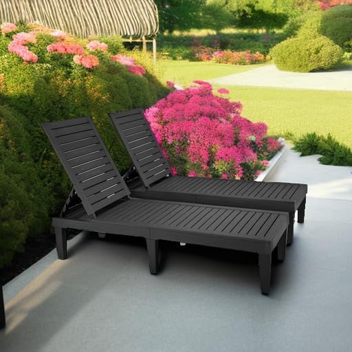 YITAHOME Chaise Outdoor Lounge Chairs with Adjustable Backrest, Multi-Functional Patio Loungers Easy Assembly & Lightweight, Waterproof Poolside Chaise Lounge with 265lbs Capacity,Set of 2, Black