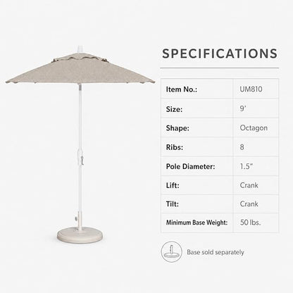 Treasure Garden 9ft Patio Umbrella - Outdoor Furniture Market Umbrella – Deluxe Auto-Tilt – White Aluminum Frame (Sunbrella, Cast Silver)
