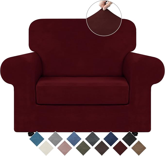WEERRW Velvet Stretch 2 Pieces Chair Sofa Slipcovers Washable, Burgundy | Armchair Slipcovers Luxury Soft Velvet Plush Furniture Protector Couch Cover with Elastic Bottom for Kids Pets, Small
