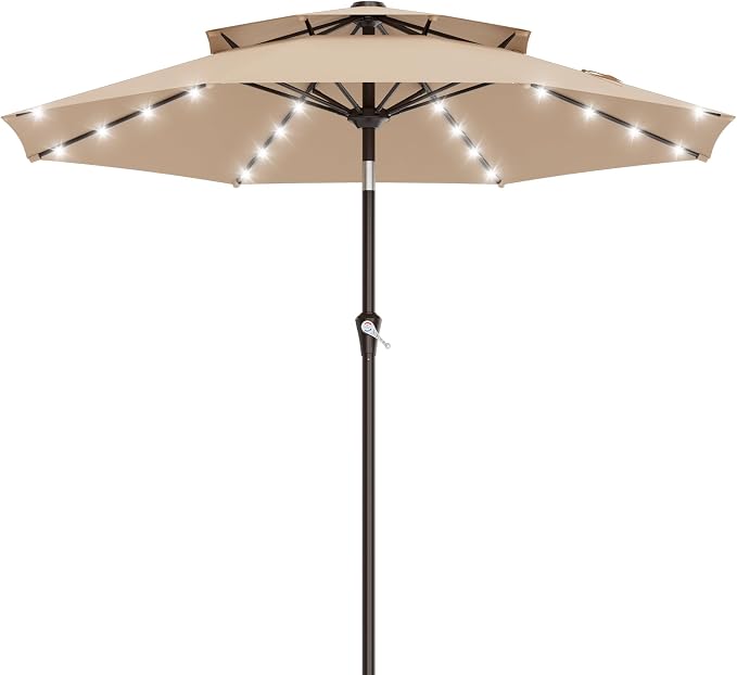 AreShark 9ft 2 Tiers Patio Umbrella with Solar Lights, Outdoor Umbrella w/ 32 LED Lights&8 Sturdy Ribs, Table Umbrella for Deck, Backyard, Pool(Beige)