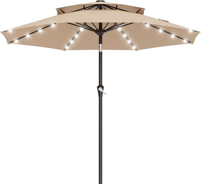 AreShark 9ft 2 Tiers Patio Umbrella with Solar Lights, Outdoor Umbrella w/ 32 LED Lights&8 Sturdy Ribs, Table Umbrella for Deck, Backyard, Pool(Beige)
