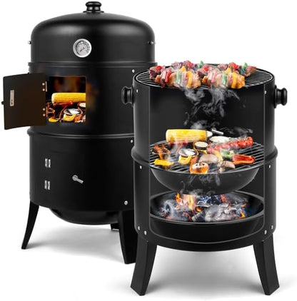Vertical Charcoal BBQ Smoker, 3-in-1 16" Round Charcoal Barbecue Grill with 2 Cooking Area, and Thermometer for Outdoor Camping Picnic Backyard Cooking, Black (Adjustable Barrel Grill)