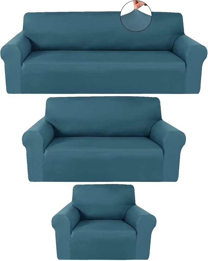 Peryiter 3 Pcs Couch and Loveseat Sofa Covers,Peacock Blue,Milk Silk | Armchair Covers for Living Room, Sofa Cushion Slipcover, Furniture Protector, Polyester and Spandex, Washable