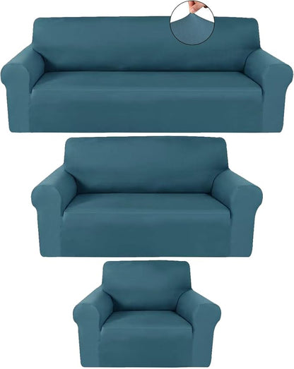 Peryiter 3 Pcs Couch and Loveseat Sofa Covers,Peacock Blue,Milk Silk | Armchair Covers for Living Room, Sofa Cushion Slipcover, Furniture Protector, Polyester and Spandex, Washable