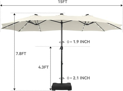 GREEN PARTY 15 ft Large Outdoor Patio Umbrella with Solar Led Lights & Base Included, Double-Sided Rectangular Table Umbrella with Stand, Market Umbrellas for Deck Poolside Garden Backyard, Ivory