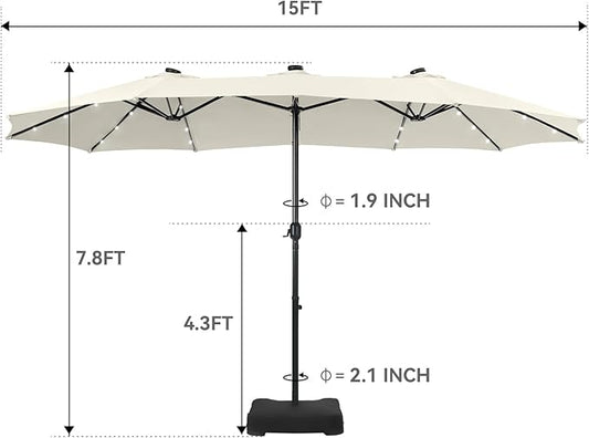 GREEN PARTY 15 ft Large Outdoor Patio Umbrella with Solar Led Lights & Base Included, Double-Sided Rectangular Table Umbrella with Stand, Market Umbrellas for Deck Poolside Garden Backyard, Ivory