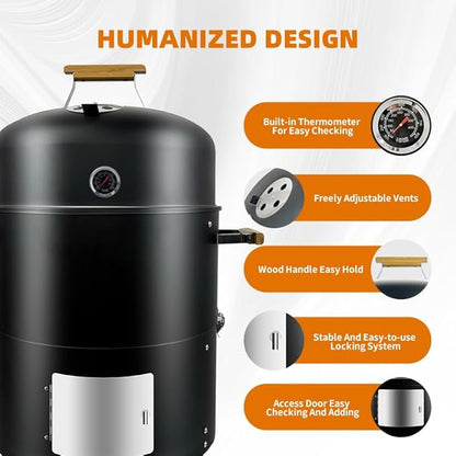 17" BBQ Smoker Grill Built in Thermometer Air Vent and adding charcoal door Multi-Layer heavy duty Meat Smoker Grill