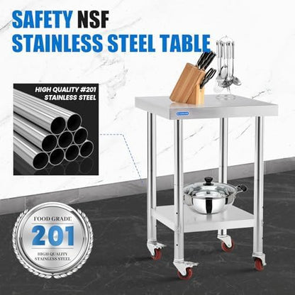 KUARBARR Stainless Steel Table for Prep & Work with Undershelf 24 x 24 Inches NSF Metal Commercial Kitchen Prep Table with Adjustable Under Shelf Worktable for Restaurant Home Outdoor