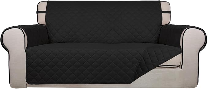 PureFit Reversible Quilted Couch Covers for Dogs Loveseat Sofa Cover 54" | Black/Black, Water Resistant Couch Protector, Washable Pet Couch Cover with Non Slip and Elastic Straps For Kids