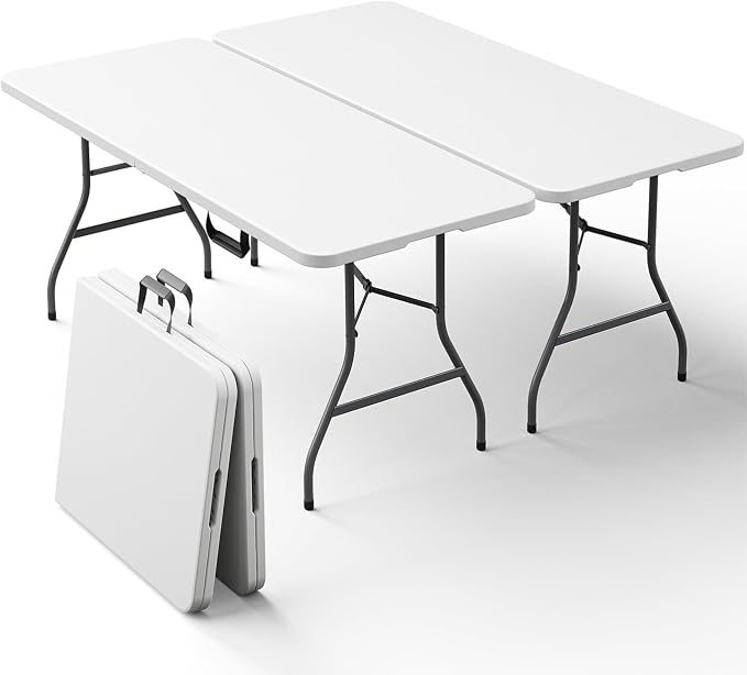 2 Pack 5ft Folding Table, Foldable Picnic Table with Carrying Handle, Heavy Duty Fold-in-Half Portable Table for Weddings, Camping, RV Travel, Parties, and Indoor Use, Easy to Fold and Store, White
