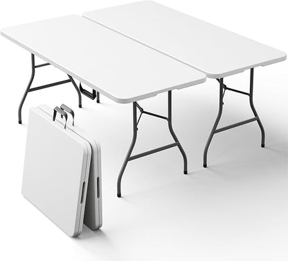 2 Pack 5ft Folding Table, Foldable Picnic Table with Carrying Handle, Heavy Duty Fold-in-Half Portable Table for Weddings, Camping, RV Travel, Parties, and Indoor Use, Easy to Fold and Store, White