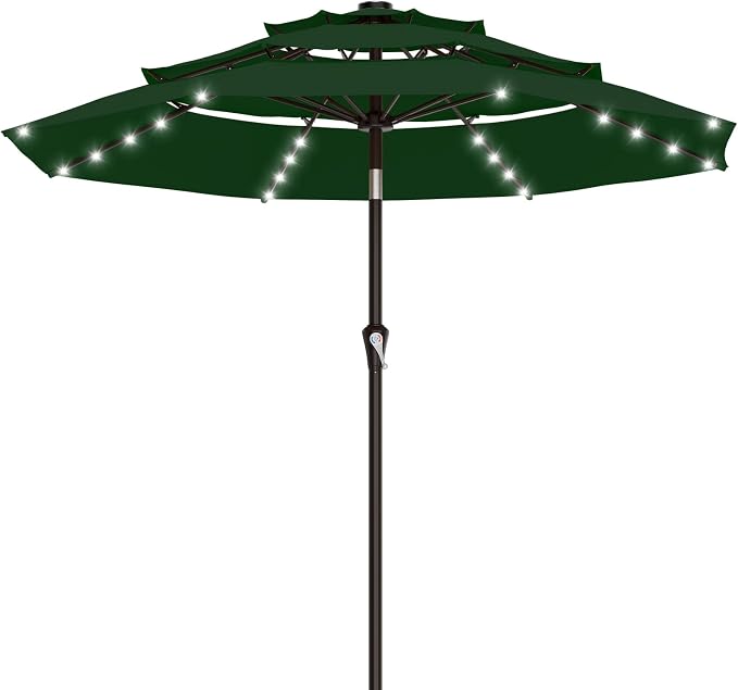 AreShark 9ft 3 Tiers Patio Umbrella with Solar Lights, Outdoor Umbrella w/ 32 LED Lights&8 Sturdy Ribs, Table Umbrella for Deck, Backyard, Pool (Dark Green)