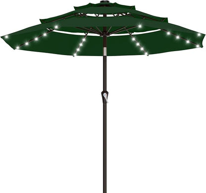 AreShark 9ft 3 Tiers Patio Umbrella with Solar Lights, Outdoor Umbrella w/ 32 LED Lights&8 Sturdy Ribs, Table Umbrella for Deck, Backyard, Pool (Dark Green)