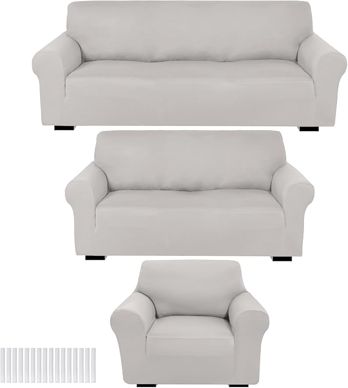 Peryiter 3 Pcs Couch and Loveseat Sofa Covers,Silver Gray,Milk Silk | Armchair Covers for Living Room, Sofa Cushion Slipcover, Furniture Protector, Polyester and Spandex, Washable