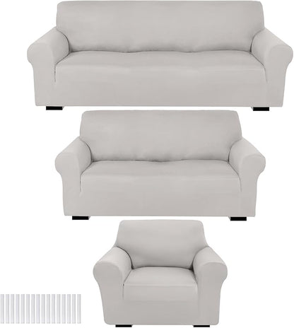 Peryiter 3 Pcs Couch and Loveseat Sofa Covers,Silver Gray,Milk Silk | Armchair Covers for Living Room, Sofa Cushion Slipcover, Furniture Protector, Polyester and Spandex, Washable