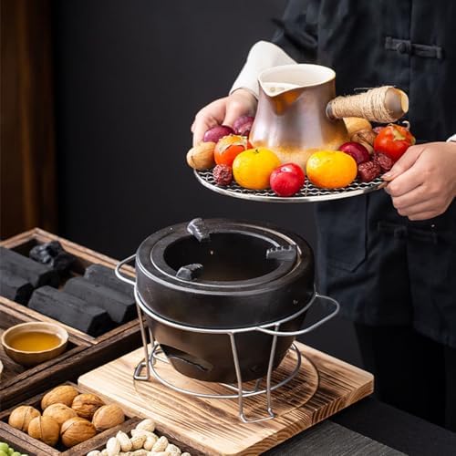 1Set Clay Charcoal Stove, Indoor Pottery Barbecue Stove, Tabletop Pottery Fire Stove, with a Wooden Pads and Grill, Metal Mesh, for Cooking Tea Stove(Brown)
