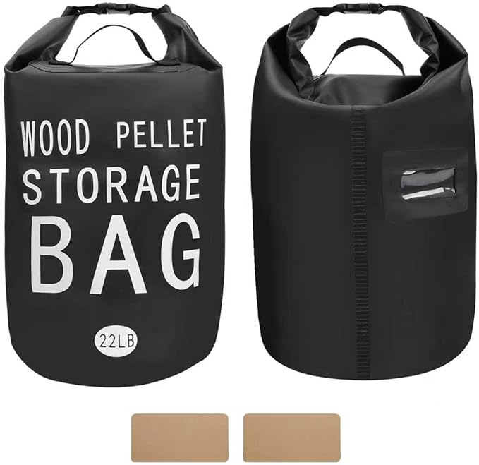 22LB Waterproof Wood Pellet Storage Bag - 500D PVC Charcoal Storage Container with Dual Handles, Label Pocket & Buckle Seal for Grill Smoker BBQ Outdoor Use (2, 22LB-Black)