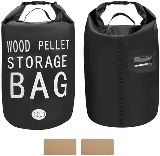 22LB Waterproof Wood Pellet Storage Bag - 500D PVC Charcoal Storage Container with Dual Handles, Label Pocket & Buckle Seal for Grill Smoker BBQ Outdoor Use (2, 22LB-Black)