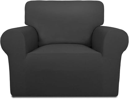 PureFit Super Stretch Chair Covers Fleece Couch Covers for Sofa Dark Gray | 1-Piece Spandex Couch Cover Soft Couch Protector, Sofa Cover Washable with Non Skid Foam and Elastic Bottom for Kids, Dogs