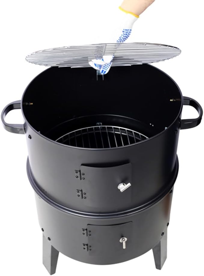 3-in-1 Vertical Charcoal Smoker Grill, 2-Tier BBQ Grill with Built-in Thermometer, Adjustable Air Vent, Dual Access Doors & Porcelain Pans for Grilling, Roasting
