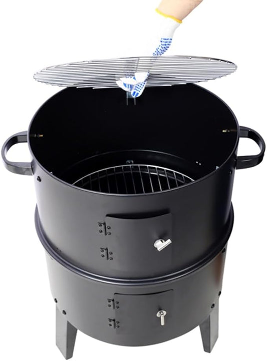 3-in-1 Vertical Charcoal Smoker Grill, 2-Tier BBQ Grill with Built-in Thermometer, Adjustable Air Vent, Dual Access Doors & Porcelain Pans for Grilling, Roasting