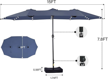 15ft Double Sided Patio Umbrella with Solar Lights, Outdoor Large Umbrellas with Crank Handle and 36 LED Lights, Rectangular Market Umbrella with Base Included for Deck Pool Shade (With Base)
