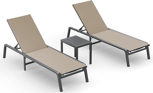 Ciokea Aluminum Foldable Lounge Chairs Set of 2 with 1 Outdoor Aluminum Side Table ，Perfect Match ，Suitable for Courtyard, Balcony, Lawn and Other Scenes，Khaki