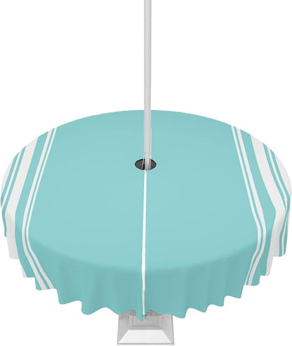 QueenKer Outdoor Tablecloth with Umbrella Hole, Farmhouse Teal White Stripe Round Tables Waterproof Tabletop Collection for Patio, Garden, Picnic, Camping, Dining 54R