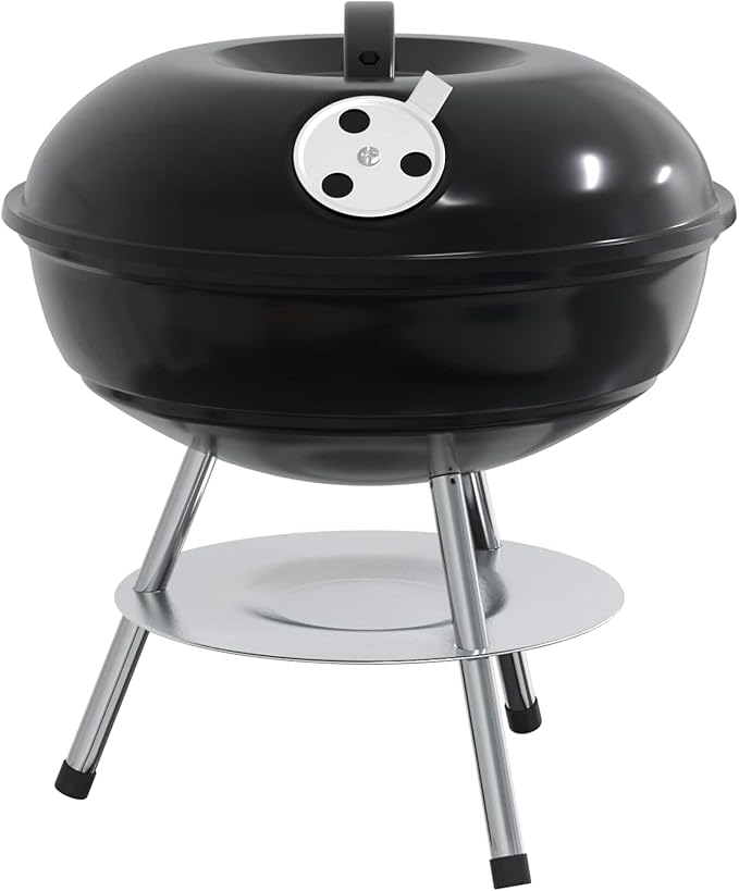 Portable Charcoal Grill for Outdoor Cooking, Compact Round BBQ Barbecue Grill with Lid, Air Vent, Ash Basin and Cooking Grate for Garden, Patio, Camping, Backyard, Black, 14.37 x 14.37 x 15.75 in