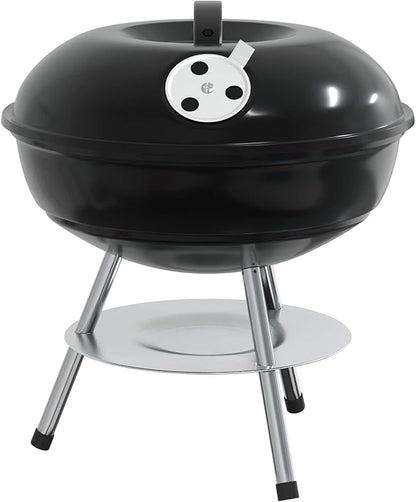 Portable Charcoal Grill for Outdoor Cooking, Compact Round BBQ Barbecue Grill with Lid, Air Vent, Ash Basin and Cooking Grate for Garden, Patio, Camping, Backyard, Black, 14.37 x 14.37 x 15.75 in