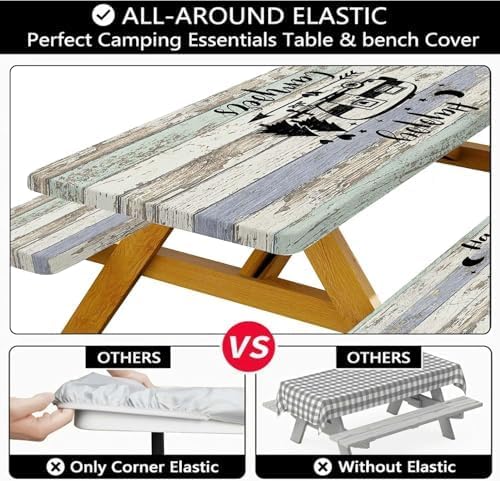 Picnic Table Cover with Bench Covers Elastic Edges, Outdoor Patio Camping Essentials 60 Inch 3PCS, Wooden Camper Fitted Table Cover, Waterproof Rectangle Tablecloth with Drawstring Bag