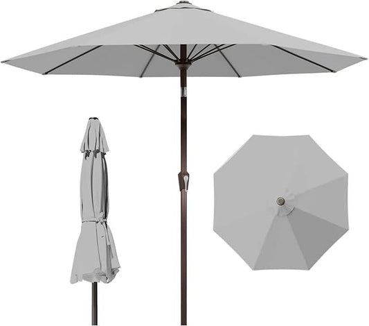 9ft Patio Umbrella with Push Button Tilt and Crank,Outdoor Market Table Umbrella UV Protection 8 Sturdy Ribs for Backyard,Garden,Pool,Deck(Light Gray)