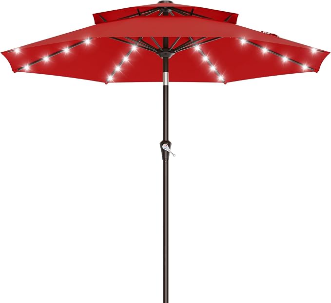 AreShark 9ft 2 Tiers Patio Umbrella with Solar Lights, Outdoor Umbrella w/ 32 LED Lights&8 Sturdy Ribs, Table Umbrella for Deck, Backyard, Pool(Red)