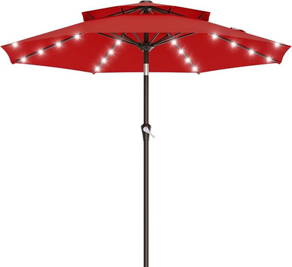 AreShark 9ft 2 Tiers Patio Umbrella with Solar Lights, Outdoor Umbrella w/ 32 LED Lights&8 Sturdy Ribs, Table Umbrella for Deck, Backyard, Pool(Red)