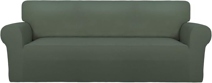 PureFit Stretch Couch Covers for Sofa Large Sofa Slipcovers Grayish Green | 1-Piece Sofa Cover Washable Soft Couch Protector, Couch Slipcover with Non Skid Foam and Elastic Bottom for Kids, Dogs