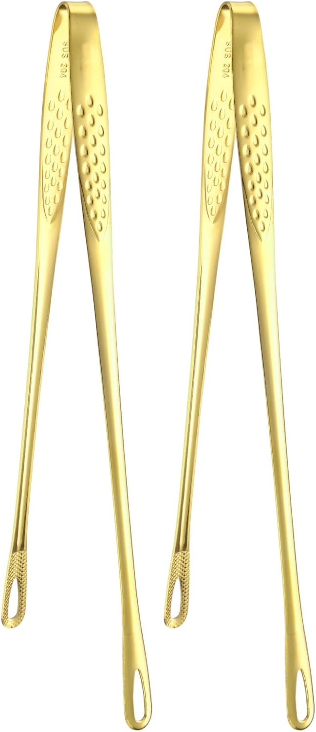 M METERXITY 2-Pack Extra Long Grill Tongs, 11 Inch Non-Slip 304 Stainless Steel Locking Tongs for Cooking/Buffet/Outdoor Barbecue, Korean BBQ Tweezers Metal Clamp Tool [Gold Tone]